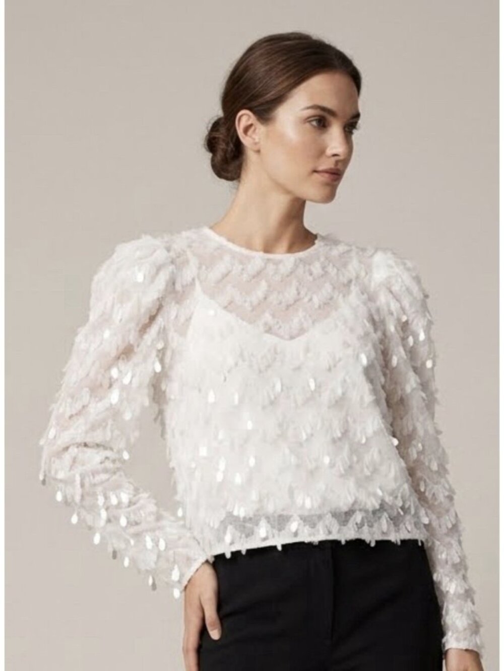 New Zara White Sequin Embellished Puff Long Sleeve Party Evening Blouse Top
